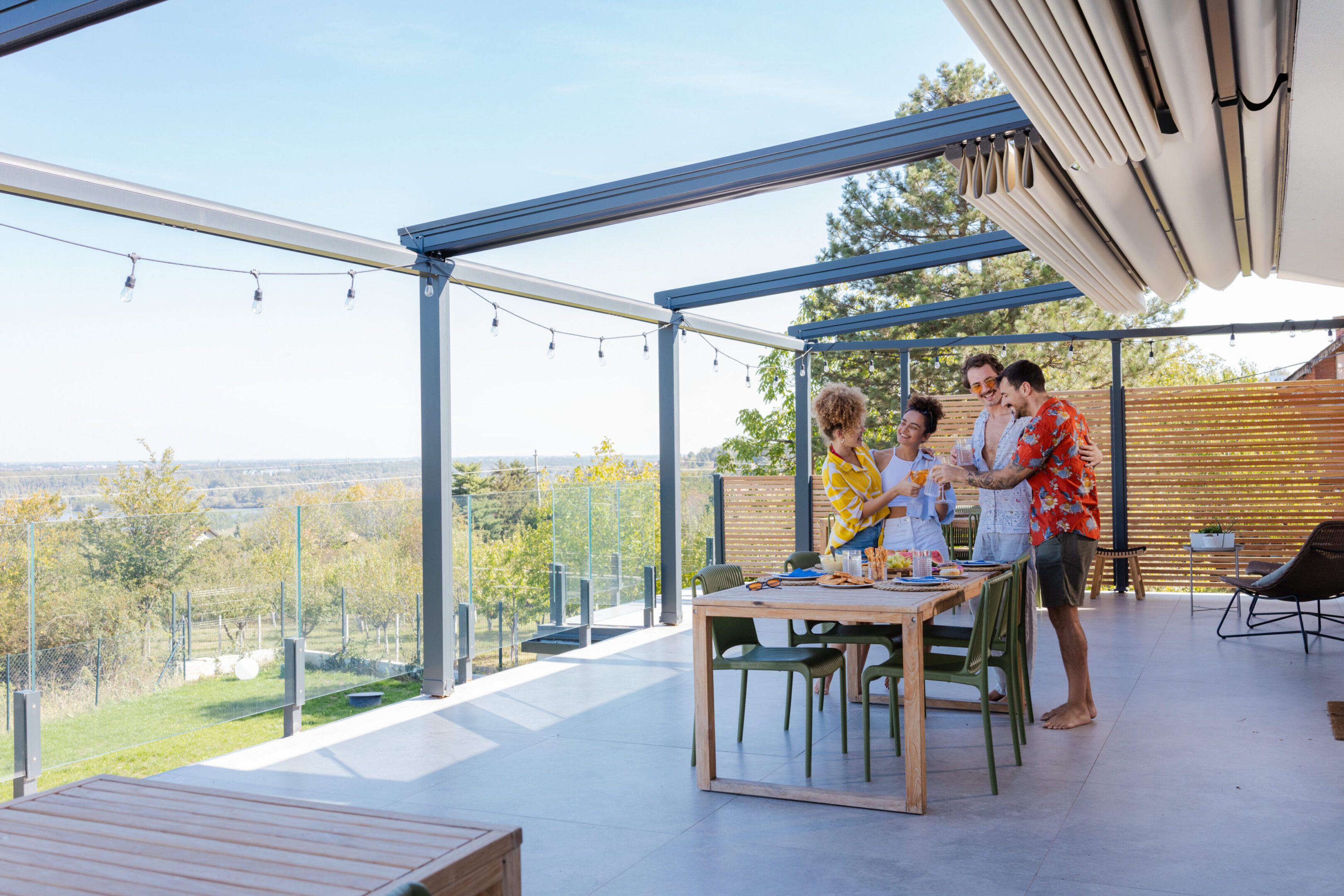 Outdoor gathering on a sunny patio.