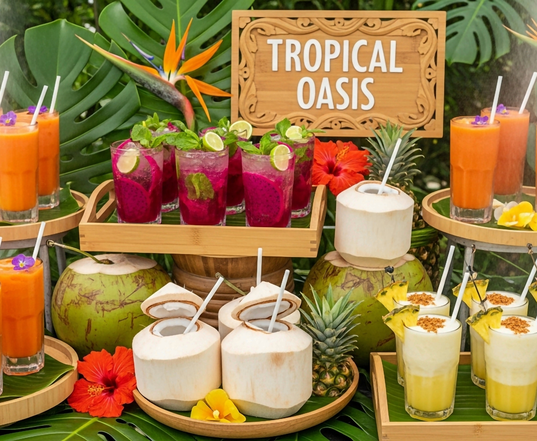 Tropical drinks displayed with fresh fruit.